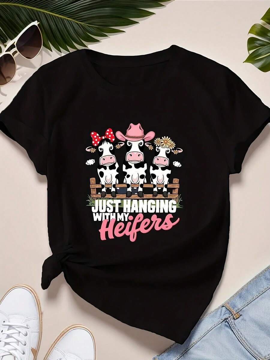 Camiseta de Manga Corta con Estampado de Vaca y Tema de Granja - Diseño de Vaca con Lunares y Puelas, Eslogan "Hanging with My Heifers", Rosa con Lunares - Tejido Suave y Elástico, I para Amantes de la Leche y Eventos Campestres