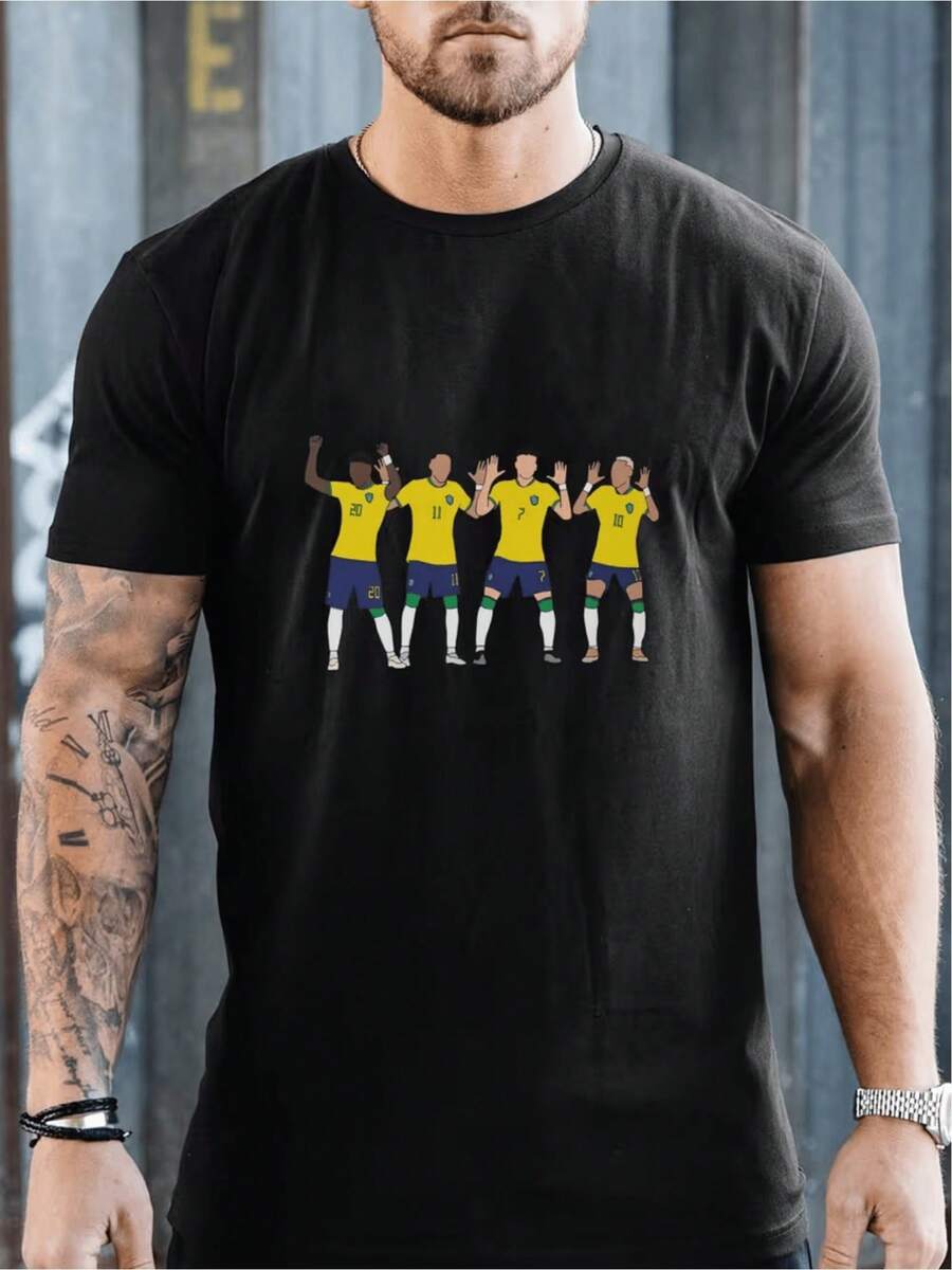 Camiseta gráfica del equipo de Brasil para hombre | Ropa deportiva de estilo elegante, tela suave y transpirable, diseño artístico llamativo, cuello redondo, camiseta de verano de manga corta, camiseta para aficionados al fútbol de secado rápido, que absorbe la humedad, de malla transpirable, sin sensación de opresión - Negro - Ver 1