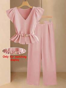 Conjunto informal de mujer con blusa de cuello en V plisada y pantalones de pierna ancha de unicolor - Rosa vieja - Ver 9
