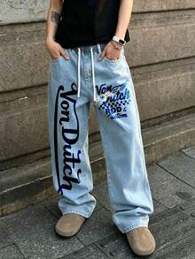 American Retro Von Letter Print Light Blue Jeans, High-Street Loose Straight Leg, Distressed Wash, Versatile Wide-Leg Pants For Everyday Commuting And Casual Wear. - 藍色 - 查看 1