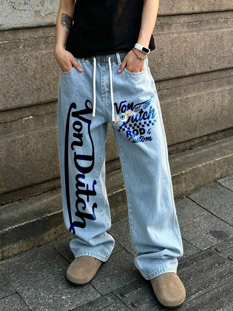 American Retro Von Letter Print Light Blue Jeans, High-Street Loose Straight Leg, Distressed Wash, Versatile Wide-Leg Pants For Everyday Commuting And Casual Wear. - 藍色 - 查看 1