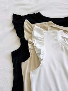 Set de 2 tops de camiseta de cuello redondo ajustados de tela acanalada en negro y rojo rosa, apropiados para verano con mangas con volantes, adecuados para salir - Multicolor 4 - Ver 3