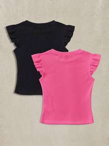 Set de 2 tops de camiseta de cuello redondo ajustados de tela acanalada en negro y rojo rosa, apropiados para verano con mangas con volantes, adecuados para salir - Multicolor 8 - Ver 2