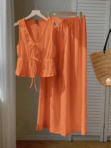 Conjunto de 2 piezas casual para mujer con top de cuello en V y pantalones en punto liso negro - Naranja - Ver 6