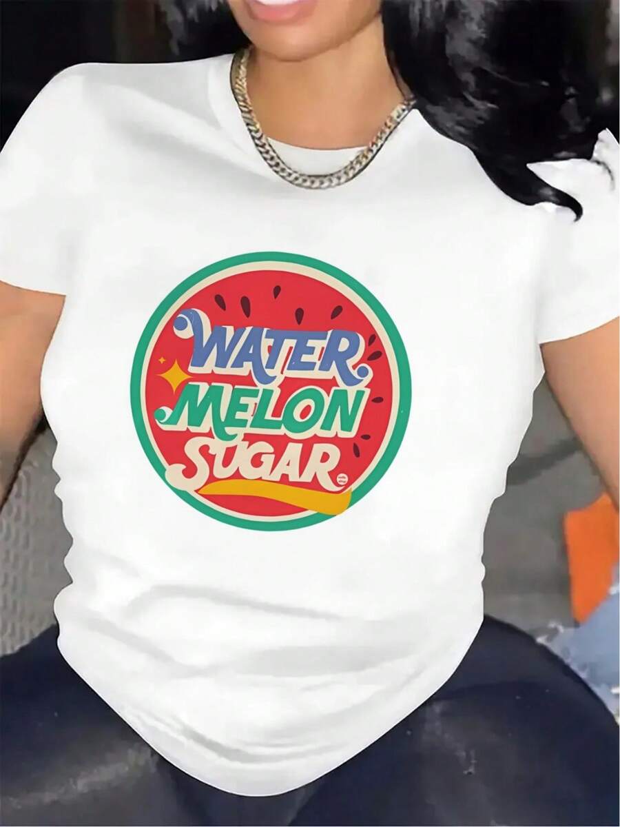 1 Women's Watermelon Print Short Sleeve T-Shirt | Sweet Colored Patterns On A White Background With Pink And Green Details, Soft And Stretchy Fabric, Round Neck, Casual Top, Machine Washable, Suitable For Pregnant Women, Fun Patterns, Suitable For All Seasons, 180g 100% Cotton. - 白色 - 查看 1
