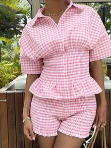Set de camisa y pantalones cortos a cuadros tejidos para mujer, informal - Rosa - Ver 7