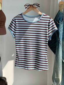 2026 Nueva Moda Camiseta Casual Versátil de Mujer con Cuello Redondo y Mangas Cortas, Contraste de Ribete, Top de Verano, Ropa de Primavera para Exteriores, Top Beige Casual Y2K - Marrón 2 - Ver 6