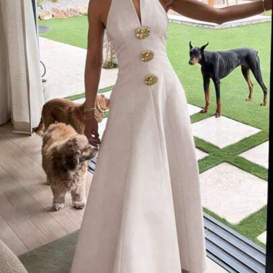 Elegant Women's Halter Neck Maxi Dress With Gold Button Accents Full Length Sleeveless A Line Prom Gown Party Outfit, Summer Solid Color Linen Blend Maxi Dress, Halter Dress, Long Dress, Elegant Maxi Dress, Beige, Formal Dress, Graduation Dresses, Wedding Guest Dress Luxury Long Dress Long Dresses For Women Dresses For Special Occasion,Summer Dresses For Women - Albaricoque - Ver 1