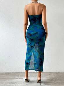 Vestido largo de mujer con cuello de halter, plisado y estampado de malla - Azul 3 - Ver 2