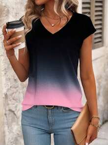 Blusa de rayas de verano casual para vacaciones, de manga corta y cuello en V, minimalista y versátil para uso diario y viajes, estilo coreano suave y apropiada para la oficina - Multicolor 3 - Ver 1
