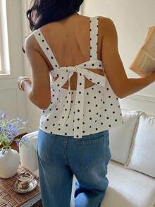 Camiseta sin mangas con volantes y estampado de lunares para vacaciones - Blanco - Ver 2