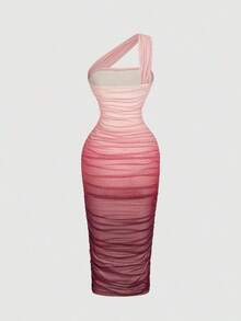 Vestido de malla de longitud media con un hombro, fruncido y efecto ombré - Multicolor 5 - Ver 2