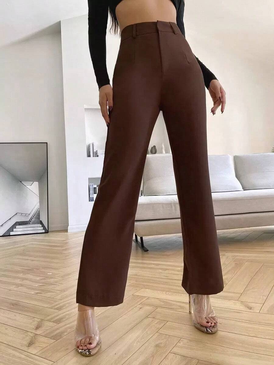 Pantalones de pierna recta unicolores - Marrón Chocolate - Ver 1