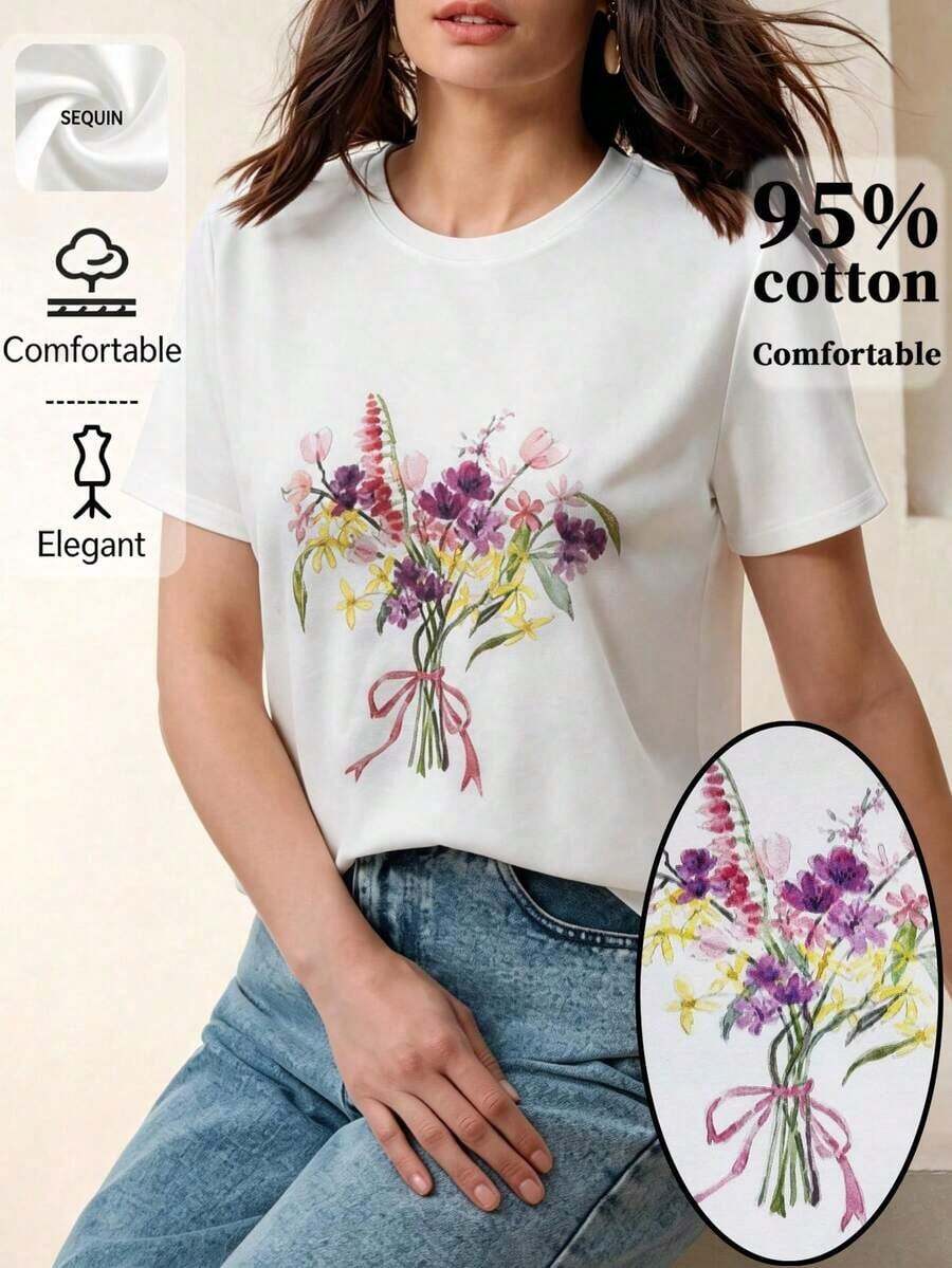 1pscAnewsta Camiseta Estampada Elegante y Divertida para Mujer, Adecuada para el Uso Diario, 100% Algodón - Blanco 11 - Ver 1