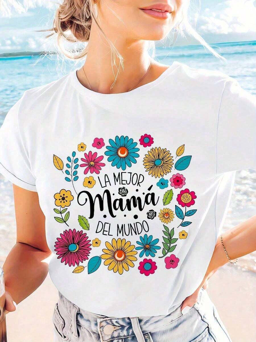 short sleevesCamiseta de Mujer "Mejor Mamá del Mundo" con Estampado Floral en Español - Manga Corta, Cuello Redondo Casual, Diseño Colorido y Vibrante, Transpirable para Verano y Primavera, Lavable a Máquina, Cómoda y DivertidaLeisure - Blanco - Ver 1