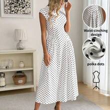 Women's Polka Dot Pattern Round Neck Cap Sleeve Elegant Mid-Length Dress Polka Dots Long Dress Women Dress Long Dress Black Dot Dress Dress Outfit - Rojo - Ver 4