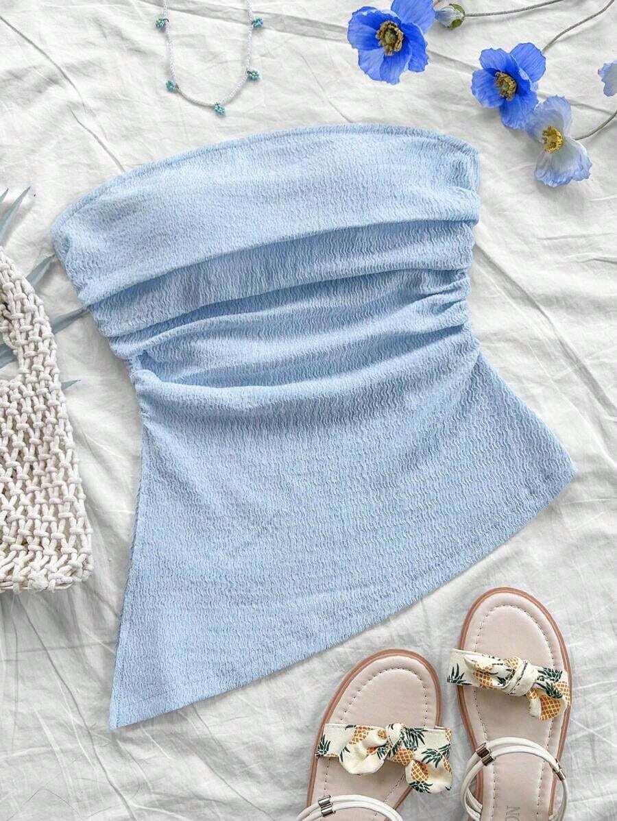 Blusa ajustada con vuelo, escote tubo, textura azul, bajo asimétrico, abertura lateral, para vacaciones de la mujer - Azul - Ver 1