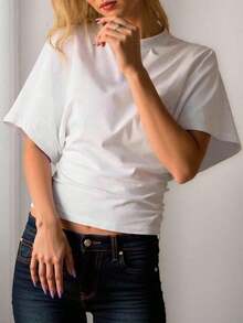 Camiseta blanca casual de mujer de cuello redondo y manga corta, holgada - Blanco 2 - Ver 2