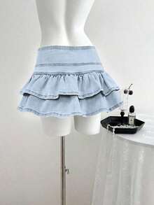 Falda de mezclilla de moda para mujer con diseño de cintura con botones y dobladillo con doble volante - Lavado ligero - Ver 2
