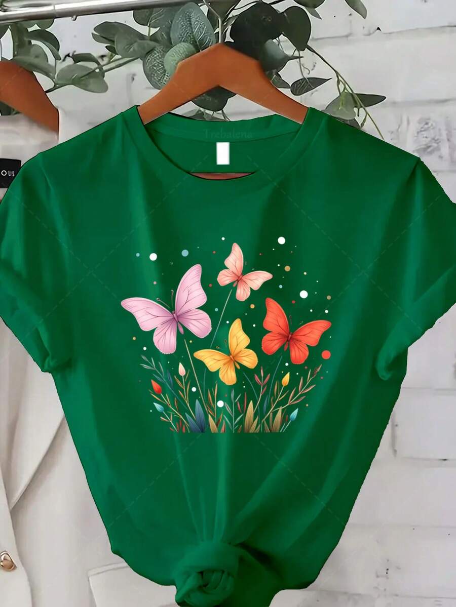 Camiseta Clásica de Talla Grande para Mujer con Estampado de Jardín de Mariposas - Top casual de manga corta y cuello redondo, con un vibrante diseño floral y de mariposas, ideal para usar en verano y otoño, un excelente regalo para el Día de Acción de Gracias, Navidad o Año Nuevo. Éxito de . - Verde - Ver 1
