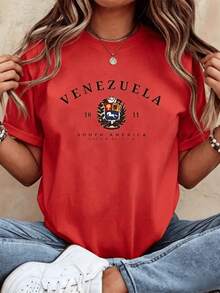 Camiseta de verano para mujer con estampado gráfico de tacos venezolanos vibrantes, talla grande, cuello redondo, manga corta, perfecta para uso diario, 220g. Camiseta de manga corta para mu - Rojo - Ver 11