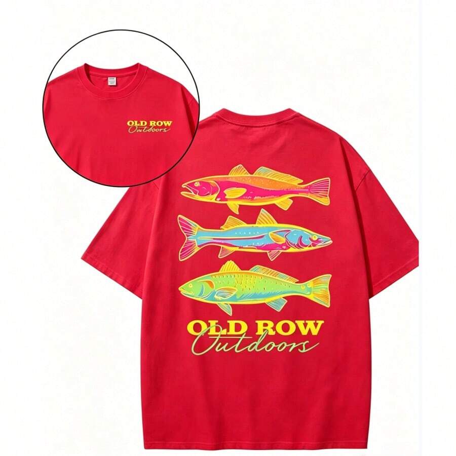 Men's Casual Summer Washed Cotton T-Shirt Old Row Outdoor Fish Print, Round Neck Short Sleeve Lightweight Knitted Fabric, Rib Details 100% Cotton - 純棉紅色 - 查看 1