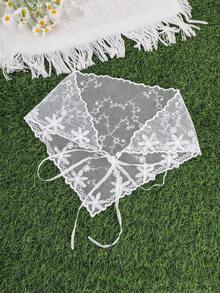 1Pc French Vintage Lace Embroidered Hair Scarf, Bohemian Fairy Tulle Headwrap, Wedding/Vacation/Daily Boho Tie-Up Hair Accessory - Multicolor - View 4