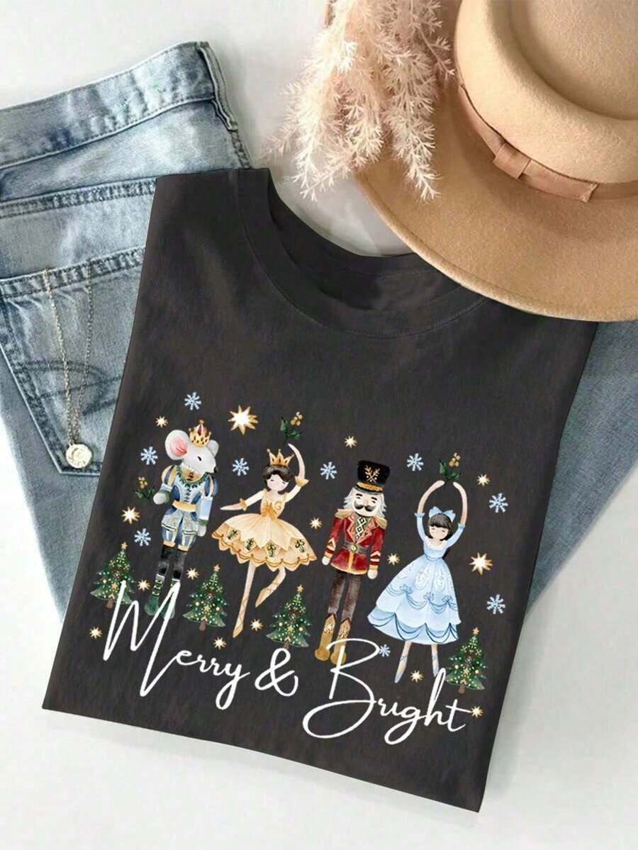 Elegant Blouses For Women, Blouses For Women, Women's T-Shirts. 100% Cotton Christmas T-Shirt With A Cute Nutcracker Design, Short Sleeves, And A Round Neck. Pure Cotton Short-Sleeve Shirt. - 黑色 - 查看 1