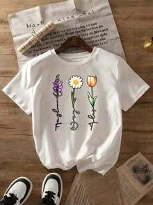 Tops para mujer Casual de Algodón para Mujer, Manga Corta, Cuello Redondo, con Estampado Floral, Blanca, Largo Regular, Alta Elasticidad, Estilo Casual y Bonito para Conjuntos de Primavera y Uso Diario - blanco - Ver 5