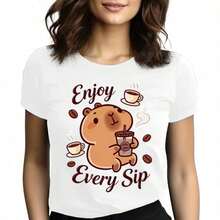 Tops para mujer Gráfica de Algodón de Manga Corta con Cuello Redondo para Mujer, con Diseño de Capibara y Café, para Disfrutar de Cada Sorbo, Estilo Casual para Uso Diario - Blanco - Ver 1