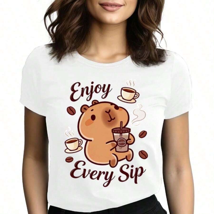 Tops para mujer Gráfica de Algodón de Manga Corta con Cuello Redondo para Mujer, con Diseño de Capibara y Café, para Disfrutar de Cada Sorbo, Estilo Casual para Uso Diario - Blanco - Ver 1