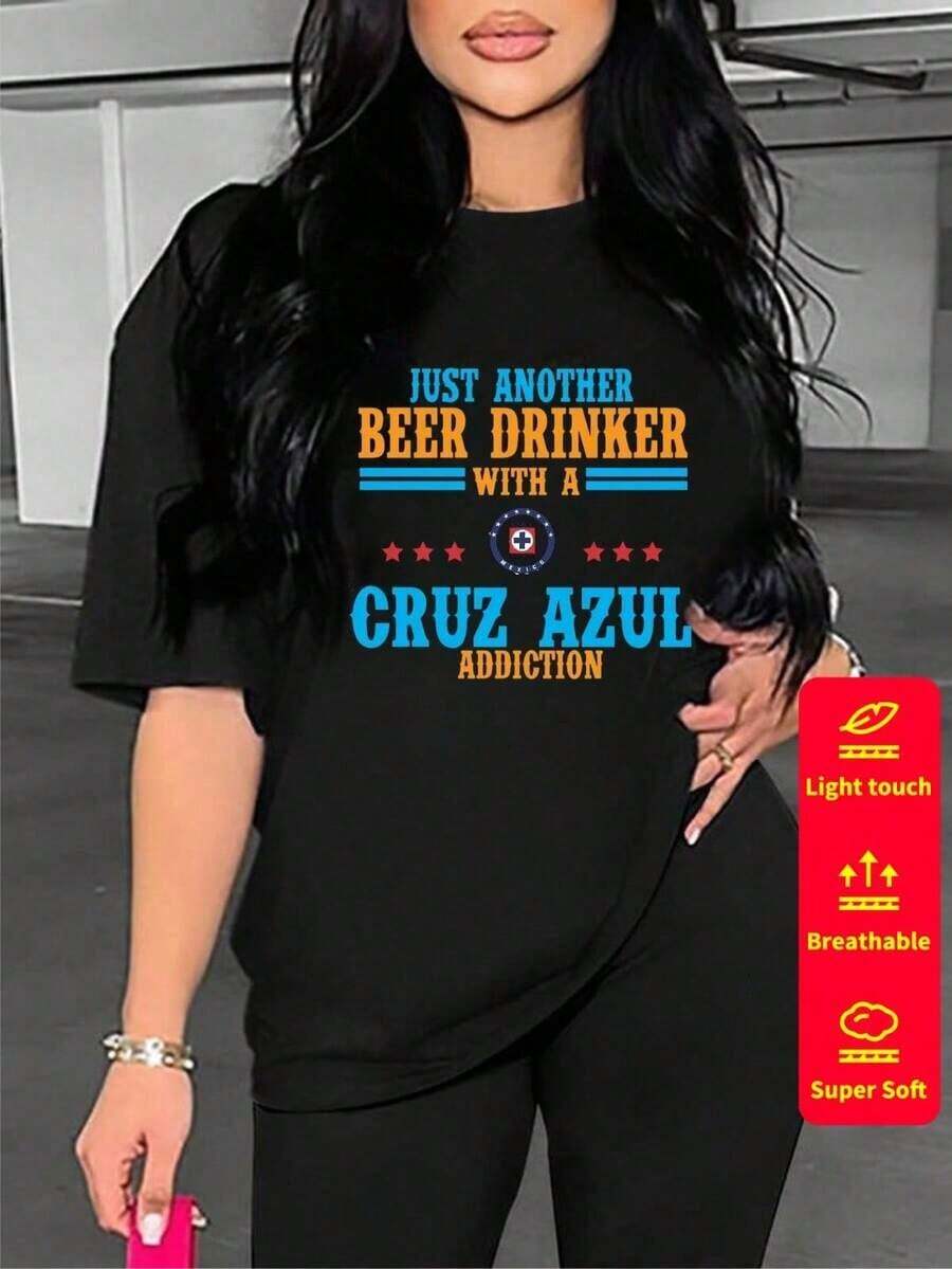 Women's Short-Sleeved T-Shirt, Round Neck, Loose Fit, Casual And Versatile, New CEMENTO CRUZ AZUL Print, Ideal As A Base Layer, Soft Fabric With Good Drape - -2 - 查看 1