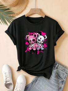 Camiseta de mujer, estilo regular de manga corta - diseño geométrico 2D con patrón de oso de dibujos animados, linda y única, top casual de manga corta con cuello redondo, adecuada para todas las estaciones, disponible en varios colores y tallas, moda de vacaciones, estética retro, material transpirable, estampado divertido. - Negro - Ver 6