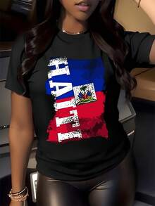 Bandera colorida de Haití con mapa del país y detalles patrióticos que transmiten orgullo cultural y fuerza nacional camiseta de mujer casual moderna - Negro - Ver 1
