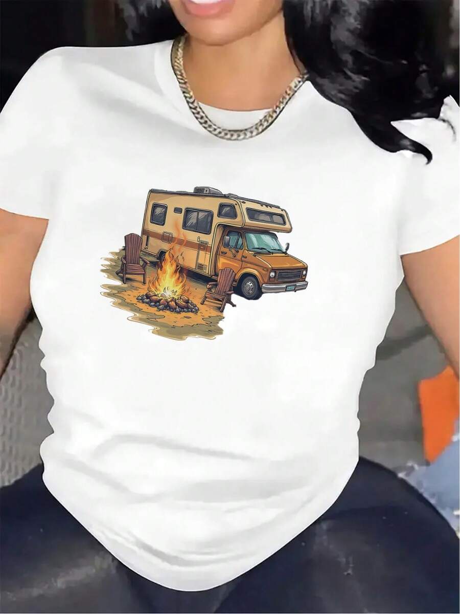 This Short-Sleeved Polyester T-Shirt, Designed Specifically For Camping Trips, Is Durable And Lightweight, Making It An Ideal Choice For Outdoor Adventures. It Features A Print With Camping Scenes, Offering Comfort And Ease Of Wear During Trips And Leisure Activities. Women's Summer Graphic T-Shirt, Casual Printed Short-Sleeved Crew Neck Shirt, Local Spring/Summer Streetwear Style. - 白色 - 查看 1