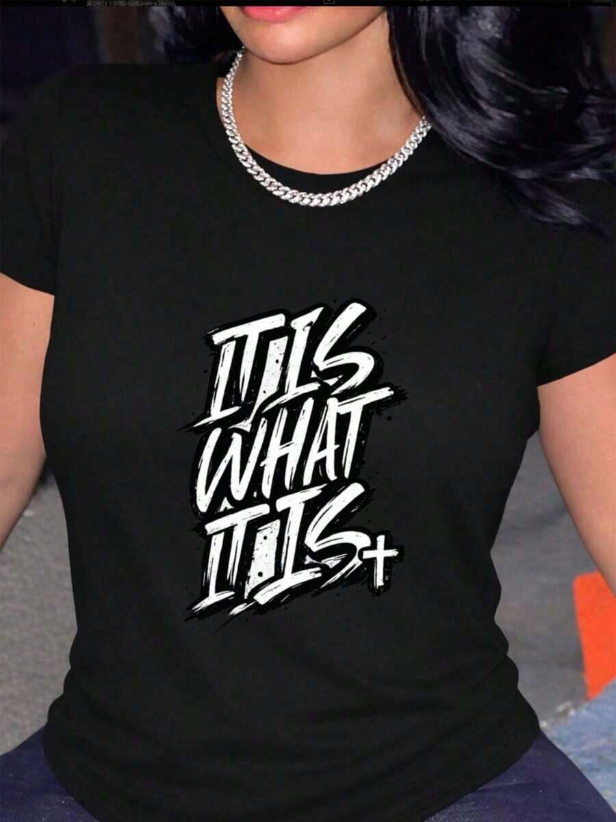SummerCamiseta de manga corta para mujer con estampado vintage escrito a mano "Let It Be", lavable a máquina, transpirable, suave, de tela de elasticidad media, adecuada para todas las estac - Negro - Ver 1