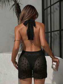 Swim  Vestido mini ajustado con diseño de bufanda de punto y espalda descubierta con lentejuelas, vestido sexy para vacaciones - Negro - Ver 2