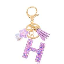 1 Pc Cute Purple Glitter Letter Keychain, Initial Resin Keyring With Tassel & Star Charm, Fashion Aesthetic Purse & Car Key Accessory - Purple - View 29