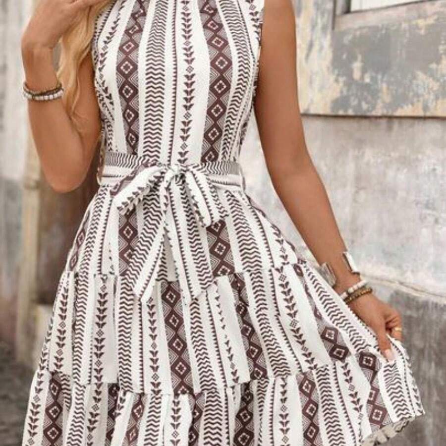 VCAY Women's Sleeveless Dress With Frill Hem & Fringe Details - Marrón - Ver 1