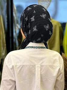 1件春夏新款蝴蝶印花褶皱头巾，女士日常佩戴长系带头巾帽 - 彩色 - 查看 4