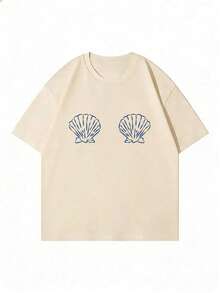 Camiseta Oversize Talla Grande Mujer Conchas Azules - Ropa Casual de Playa para Verano 4GFT - Albaricoque - Ver 2