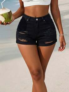 Women's Sexy Distressed Stretch Fitted Straight Leg Denim Shorts, Summer - Black - View 2