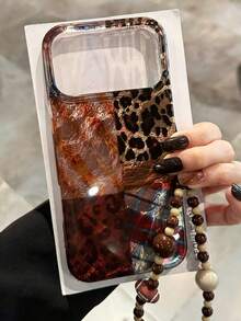 Luxury Patchwork Leopard Print Phone Case With Pearl Chain, Suitable For IPhone 17 Pro Max, 17 Pro, 16 Pro Max, 16 Pro, 15, 14, 13, 12 Pro Max, 11, Fashionable Amber Color Protective Back Cover - Leopard Print - View 4