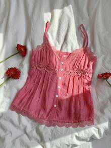 Top de tirantes de verano con diseño de botones e inserto de encaje amarillo para mujer - Rosado Sandía - Ver 3