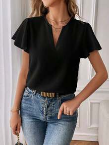 Camisa de mujer de unicolor con escote en V entallado y manga corta, informal y adecuada para el trabajo, blusas de manga corta - Negro - Ver 4