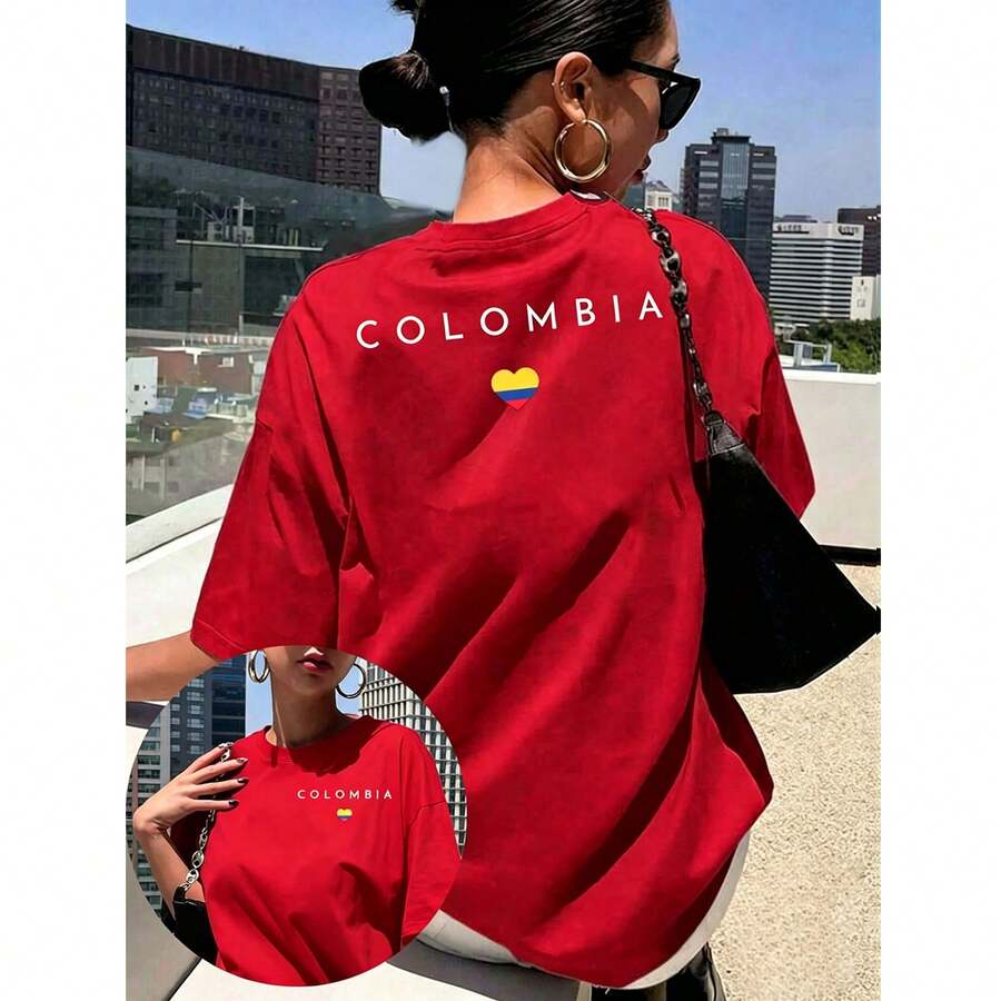Women's Letter Print Tshirt Colombia, Heart Flag Shortsleeved Round Neck Casual Top, Medium Elastic Breathable Fabric, Machine Washable In Spring And Summer, Suitable For Summer Wear, Comfortable Style,100% Cotton Summer, And Vacation Women's Casual Sleeve T-Shirt, - 紅色 - 查看 1