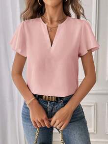 Camisa de mujer de unicolor con escote en V entallado y manga corta, informal y adecuada para el trabajo, blusas de manga corta - Rosa Pálido - Ver 6