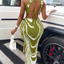BamGlam Graphic Print Striped Brush Print Bodycon Dress Split Hem Cami Dress Maxi Women Outfit - Morado - Ver 2