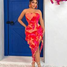 Beach;Summer Strapless Tie-Dye Dress With Romantic Ruffle Hem - Amarillo - Ver 5