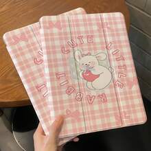 1个甜美女孩粉色格子兔子印花可折叠平面保护套，透明背板，多角度支架，笔槽，防震软边，自动休眠/唤醒，兼容iPad 10代/Air 4/5/Pro 11英寸/9/8/7代 - 粉色 - 查看 3